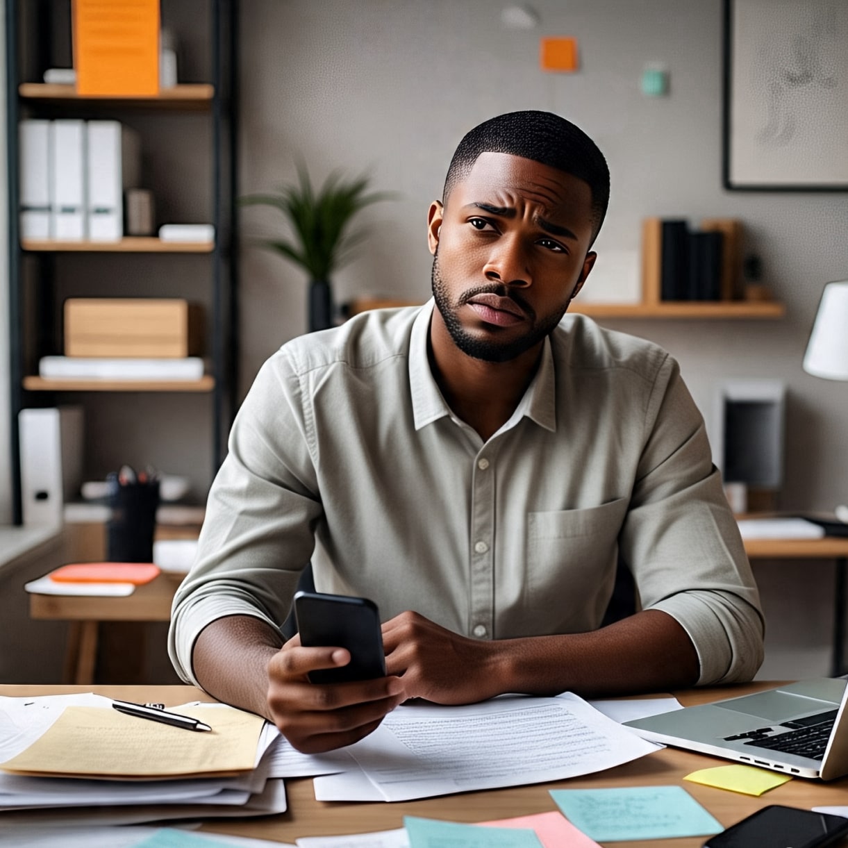 adults attention hyperactivity deficit disorder - A thoughtful adult sitting at a desk, papers and digital devices around them, looking focused yet slightly overwhelmed. Neutral tones with a soft-focus background of a home office. Representing symptoms of adult ADHD, including distraction and restlessness.