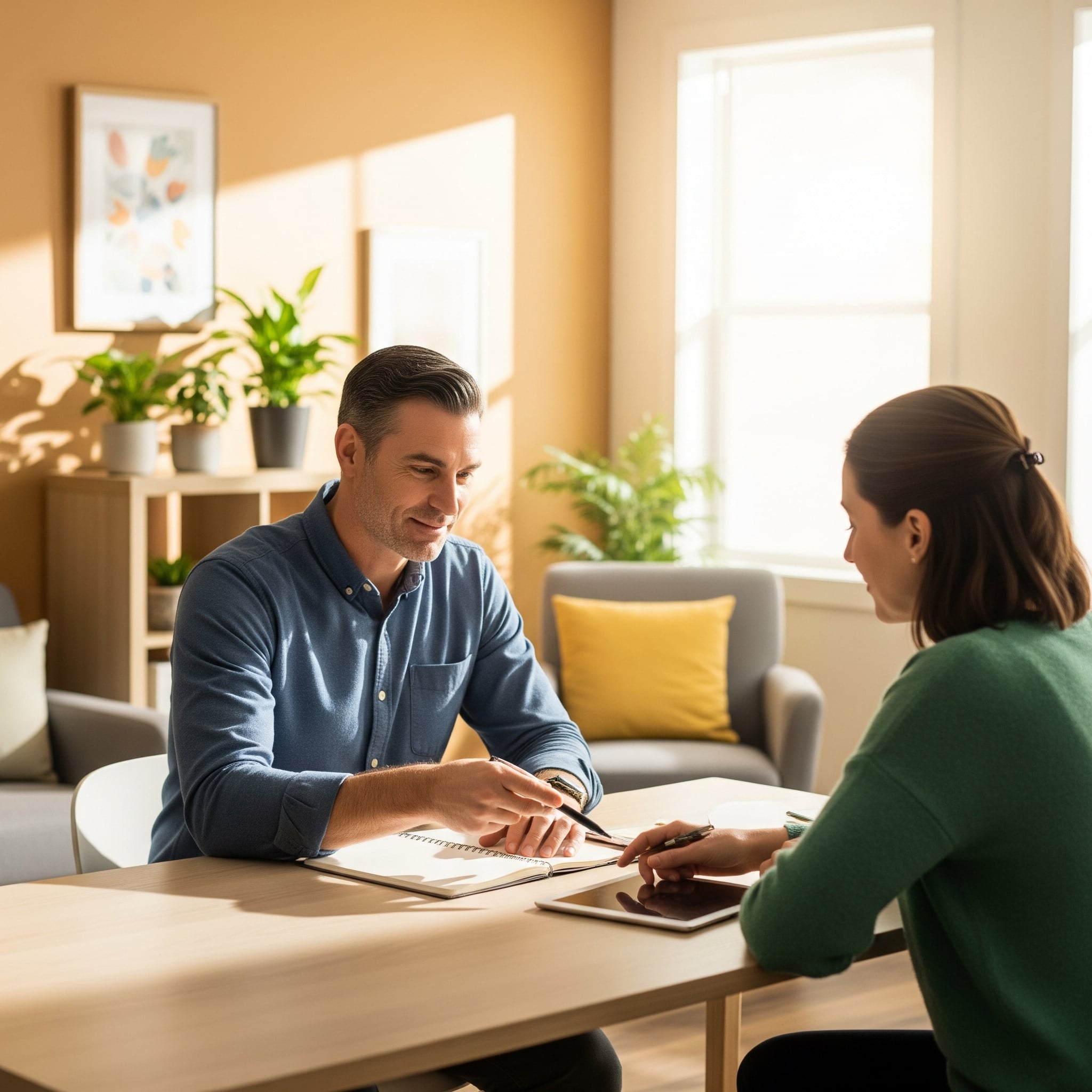 A bright, natural-light therapy office with a male ADHD psychologist and an adult client for a testing discussing a notebook and tablet. The mood is calm and solution-focused