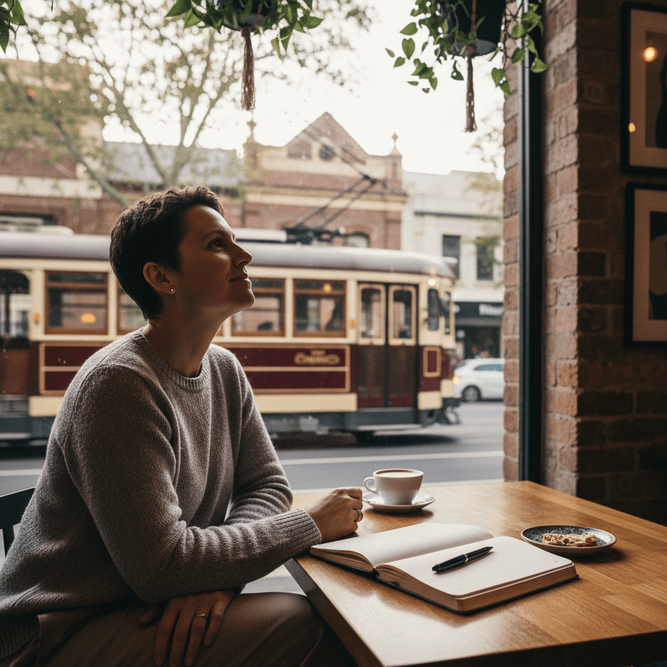 A thoughtful adult in a comfortable, modern Melbourne-style cafe, looking out the window with a notebook open on the table. A tram can be subtly seen through the window, grounding the location. The mood is one of quiet contemplation and hopeful clarity, not distress. Soft, natural lighting.