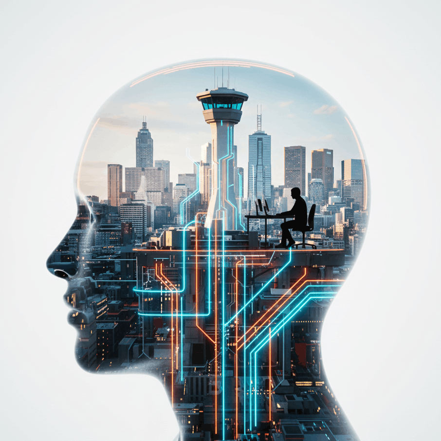 Conceptual 3D illustration of a professional in a Melbourne office, with an internal air traffic control tower representing the complex mental experience and executive function of ADHD in adults