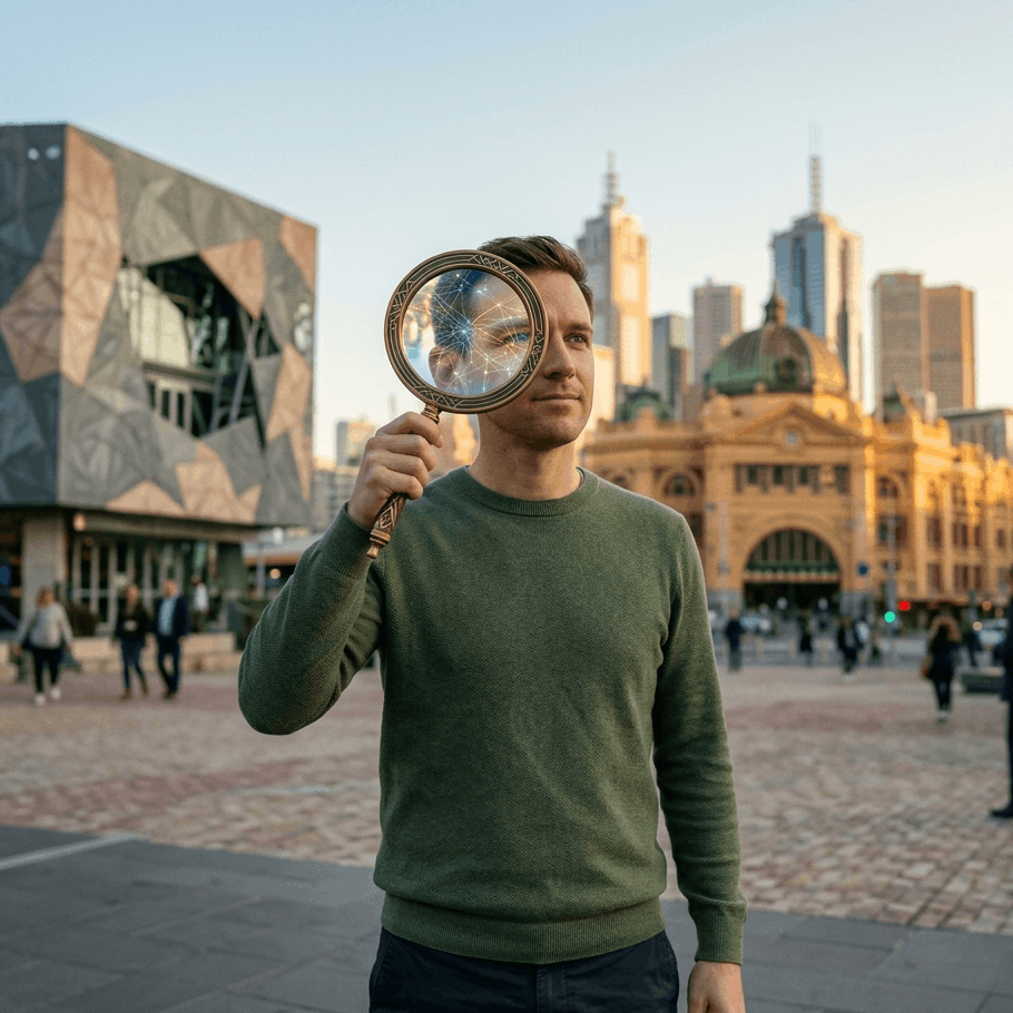 adhd-diagnosis-melbourne-adult-perspective Gemini said A conceptual portrait of an adult man in Federation Square, Melbourne, holding a decorative magnifying glass up to his eye. He looks toward Flinders Street Station, and the view inside the lens is sharper, more vibrant, and marked with subtle glowing neural patterns, symbolizing the new perspective and mental clarity that can follow a formal ADHD diagnosis.