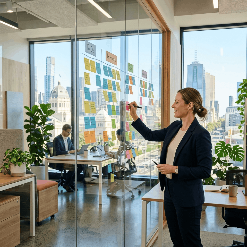 A professional adult utilises a visual organisation system with sticky notes on a glass wall in a bright Melbourne workspace, representing the practical strategies gained from an adhd diagnosis.