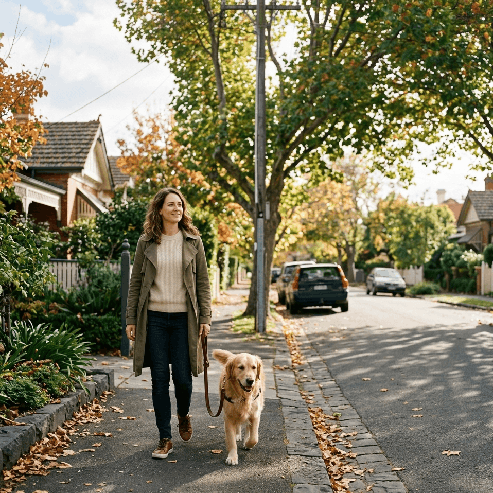 adhd-diagnosis-malvern-lifestyle-balance copy A relaxed adult walks a dog down a leafy, sunlit suburban street, symbolizing the balance and clarity that can come from understanding your cognitive profile and exploring an ADHD diagnosis in Malvern.